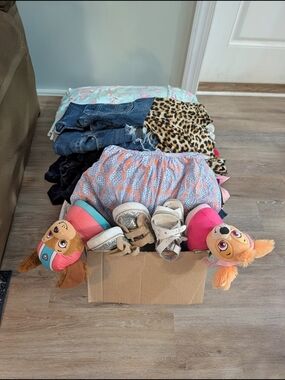 Girls' Clothing & Shoe Lot with Pink Patterned Skirt and Plush Pups